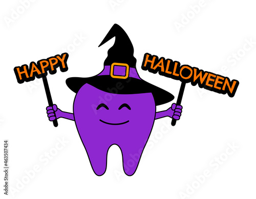 Scary cartoon witch tooth character holding a sign. Happy halloween concept. Vector illustration.