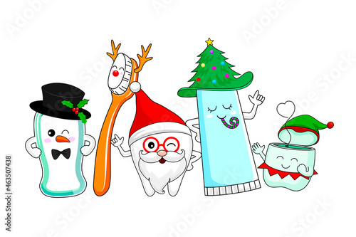 Cute cartoon tooth character with mouthwash, toothbrush, toothpaste and dental floss. Merry Christmas concept. Vector illustration.
