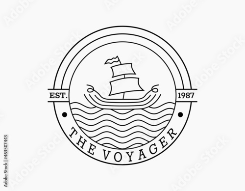 Vintage sailboat logo. The voyager retro of a sail boat. The circular logo is designed with boat and wavy ocean. Elegant logo for coffee, beach, company, travel, museum, seafood, marine, fisherman.