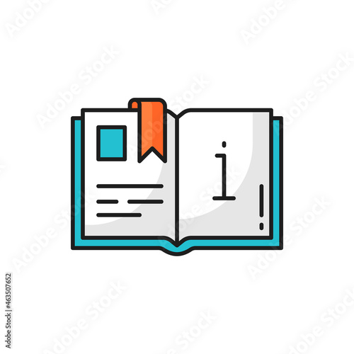 Open information book with bookworm isolated thin line icon. Vector catalogue or magazine info and instruction guide. Textbook or brochure with educational materials, encyclopedia sign, i letter