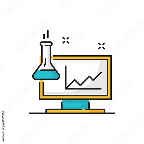 Computer with charts and beaker chemical glassware isolated line icon. Vector biochemistry chemistry, pharmacy and genetics beaker for experiments. Scientific biotechnology research, screen display