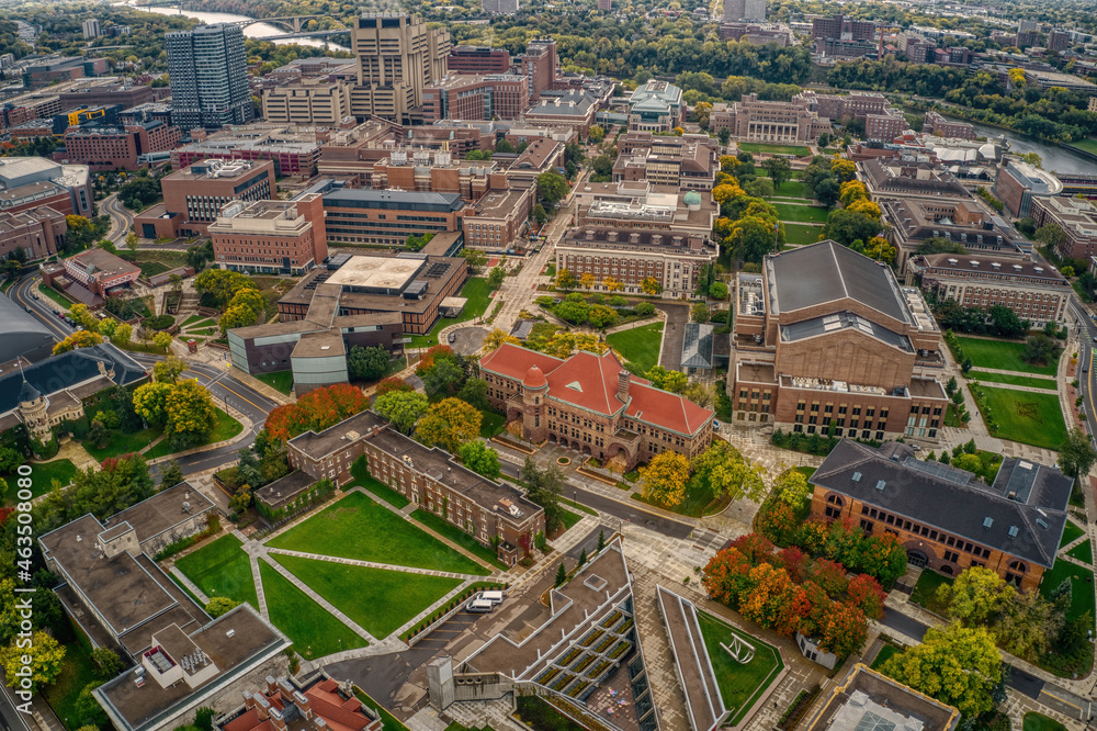 Aerial View of a large public University in Minneapolis, Minnesota during Autumn