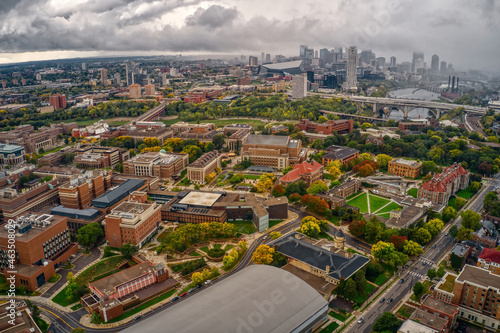 Aerial View of a large public University in Minneapolis  Minnesota during Autumn