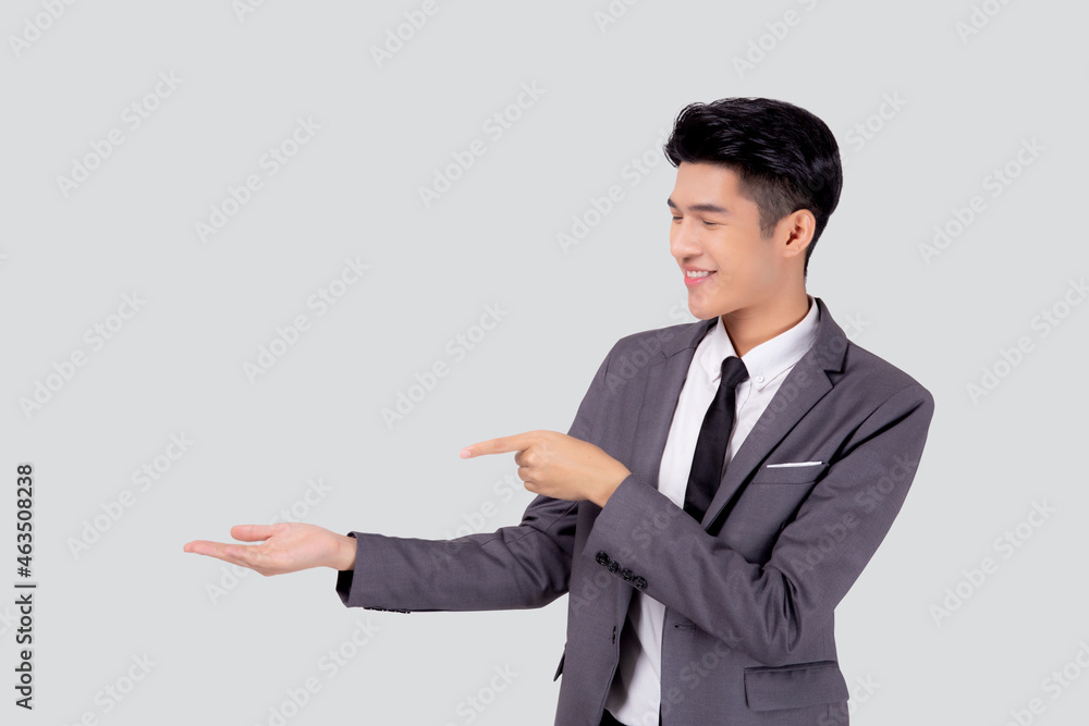 Portrait young asian business man in suit presenting isolated on white background, advertising and marketing, executive and manager, male confident showing success, expression and emotion. Portrait young asian business man in suit presenting isolated on white background, advertising and marketing, executive and manager, male confident showing success, expression and emotion.