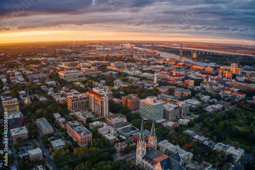 Aerial View of Downtown Savannah, Georgia during Sunset photo