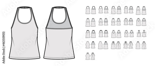 Set of tops halterneck, shirts, tanks, blouses technical fashion illustration with fitted oversized body, tunic crop length. Flat apparel template front, back grey color. Women, men unisex CAD mockup photo