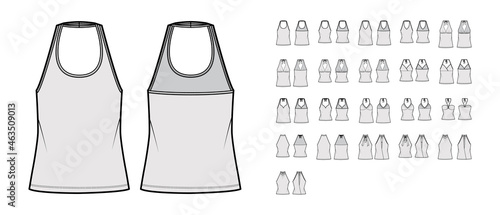 Set of tops halterneck, shirts, tanks, blouses technical fashion illustration with fitted oversized body, tunic crop length. Flat apparel template front, back grey color. Women, men unisex CAD mockup