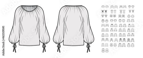 Set of blouses with gathered elements technical fashion illustration with long short elbow sleeves, fitted oversized body. Flat shirt apparel top template front, back, grey color. Women men CAD mockup