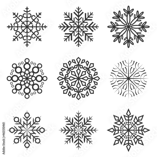 Snowflake icons collections. Can be used for web design elements for website or presentation. Various winter snowflakes vector set isolated on white background.