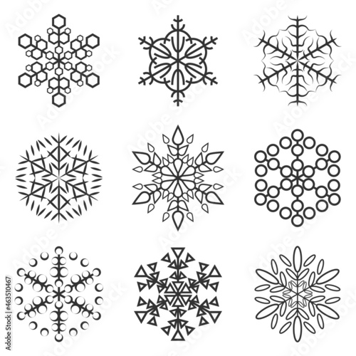 Snowflake icons collections. Can be used for web design elements for website or presentation. Various winter snowflakes vector set isolated on white background.