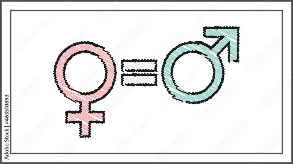 Gender equality icon. Female pink and male green symbols, with an equal sign between isolated on white background.Rights gender equality symbol.Flat logo.Cartoon style line doodle.Vector illustration. Gender equality icon. Female pink and male green symbols, with an equal sign between isolated on white background.Rights gender equality symbol.Flat logo.Cartoon style line doodle.Vector illustration.