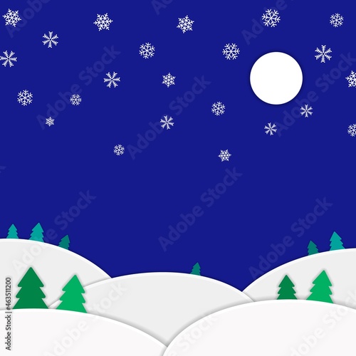 夜の雪景色のペーパークラフト風背景イラスト