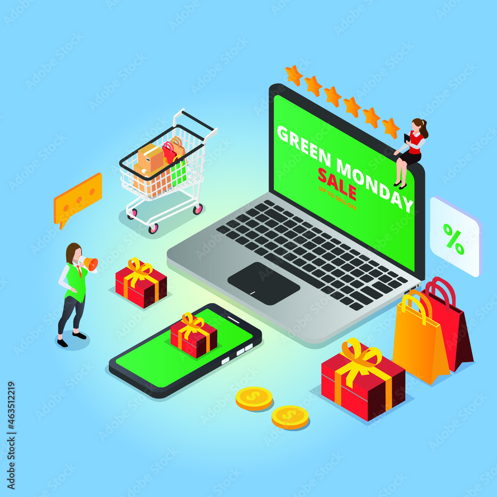 Green monday vector concept. Saleswoman promoting green monday sale while standing with laptop and mobile phone