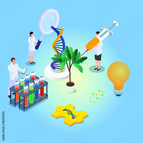 Experiment vector concept: Group of researcher using plant for their experiment while using injection and magnifying glass