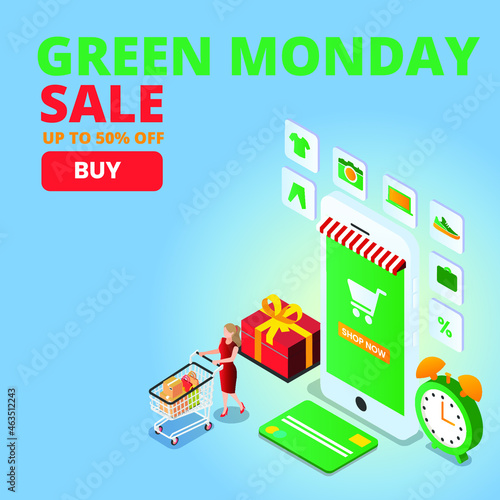 Green monday vector concept. Young woman using a mobile phone while shopping at green monday sale apps