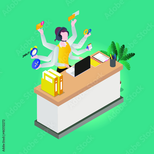 Multitasking vector concept. Female call center doing multitask with many hands while working in the office