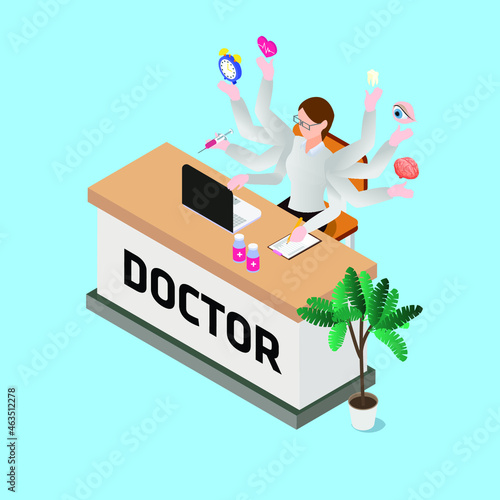 Female doctor doing multitask with many hands while sitting in the hospital