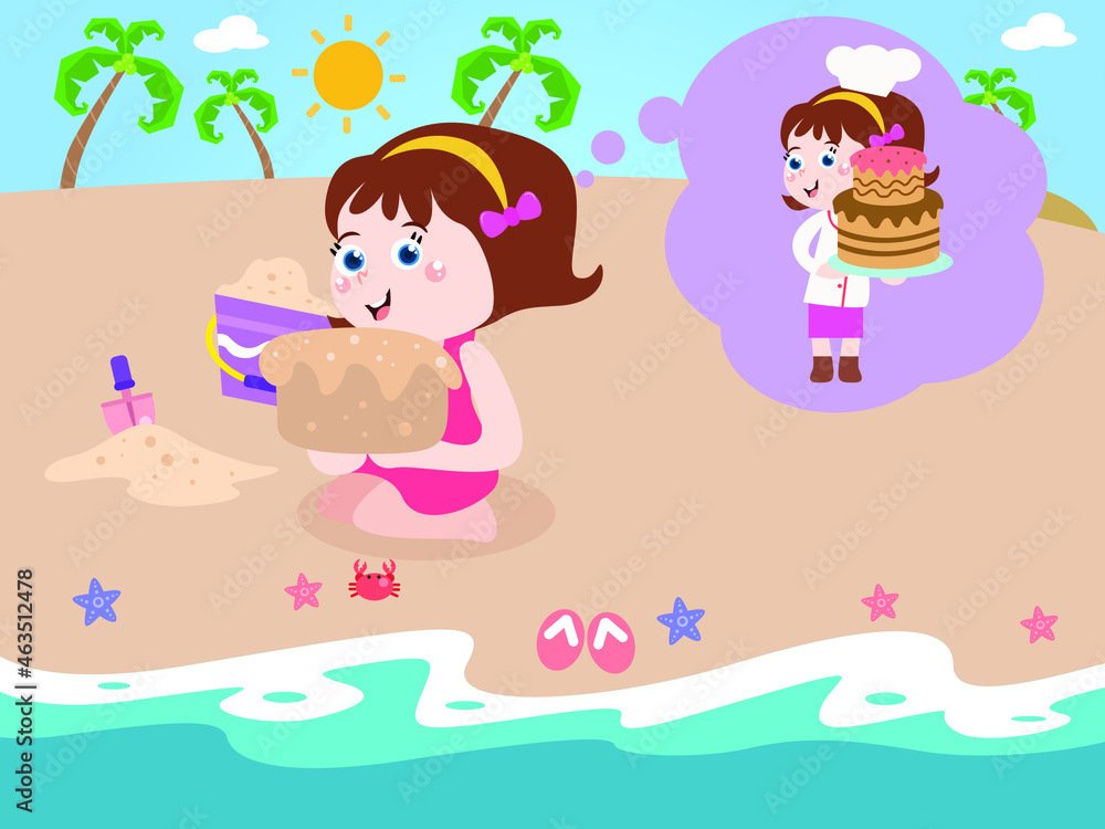 Dream job vector concept. Cute little girl playing sand on the beach while dreaming as a baker Dream job vector concept. Cute little girl playing sand on the beach while dreaming as a baker