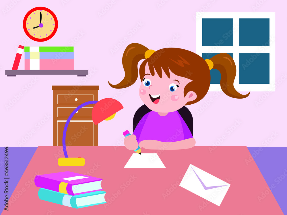 Cute little girl writing a letter while sitting in the bedroom at home Cute little girl writing a letter while sitting in the bedroom at home