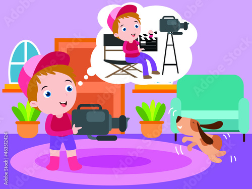 Dream job vector concept. Cute little boy filming his dog with camera while dreaming as film director