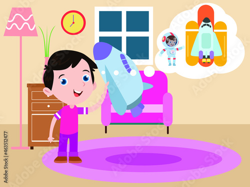 Dream job vector concept. Cute little boy dreaming as a astronaut while playing a spaceship toy at the home