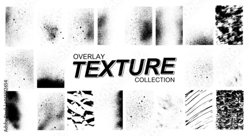 Backdrop set overlay effects - damage, paint, concrete, old, spray, cracked and scratched texture. Background effect grunge. Overlay texture with dust and spray. Vector collection texture graphic