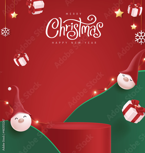 Merry Christmas banner with product display cylindrical shape and festive decoration for christmas