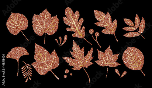 Set of copper glitter leaves