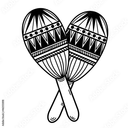 Maracas vector icon. Hand-drawn illustration isolated on white background. A sketch of a musical instrument. Wooden shaker, Mexican music. Two crossed maracas with a pattern. Monochrome.