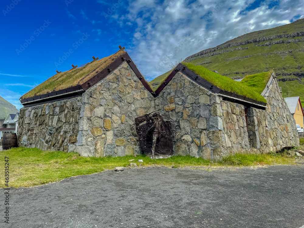 Beautiful  view of typical grass roof houses in Klaksvik in the Fareo Islands 