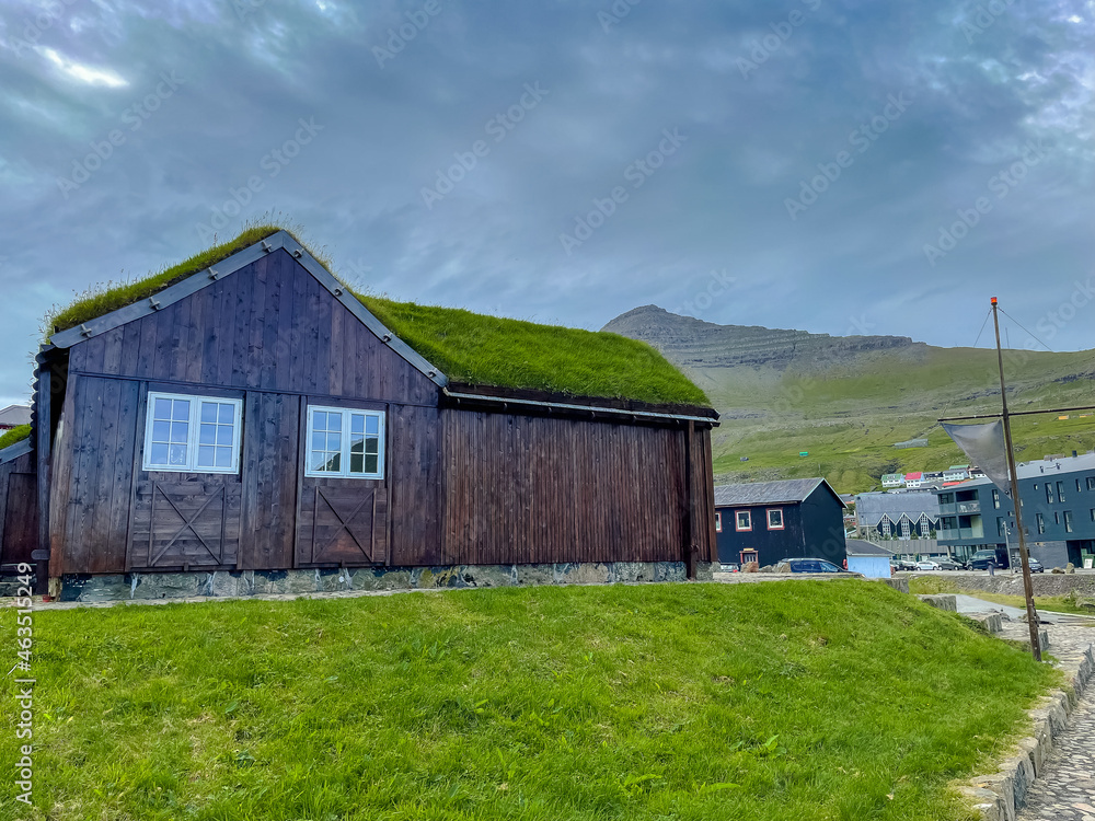 Beautiful  view of typical grass roof houses in Klaksvik in the Fareo Islands 