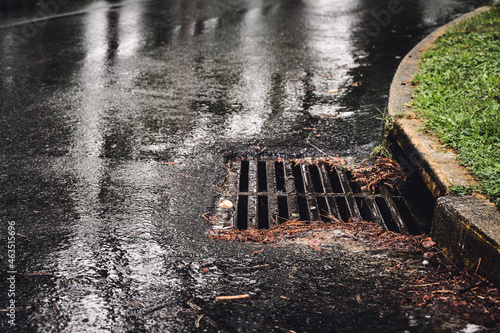 Metal storm drain during a rain event with leaves and needles starting to buildup around the edges photo
