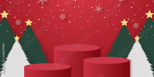 Red cylinder podium with christmas trees, snowflakes and snow falling, template mockup for event in paper art