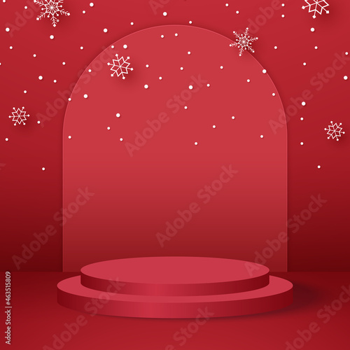 Red round podium with christmas trees, snowflakes and snow falling, template mockup for event in paper art