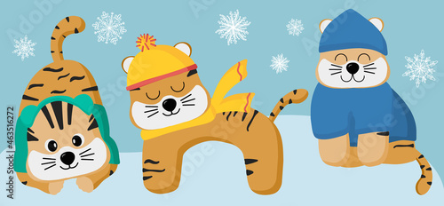 The symbol of the new year 2022, the Chinese Tiger. Vector illustration of a cartoon tiger. A small predatory animal for design. Flat style. Isolated design on a white background.