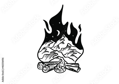 Illustration for sport camping, campfire, emblem camping, hobby illustration. Vintage mountain campfire vector logo and labels set