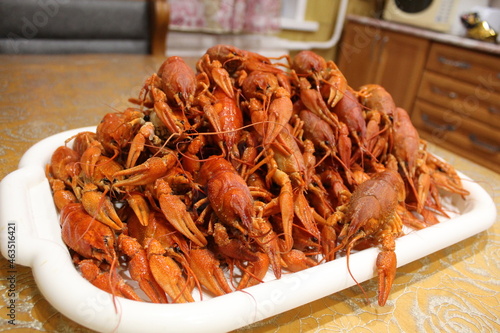 Boiled cancer lies like a mountain on top of each other. River molusk.