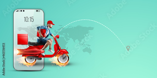 A delivery man on a red scooter drives out of a smartphone on a blue background. Delivery concept, online ordering, food delivery, last mile. 3D illustration, 3D render. photo