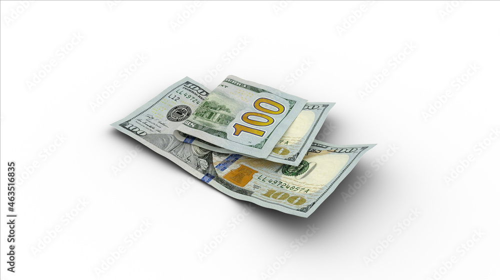 3D rendering of Double 100 US dollar notes with shadows on white background 3D rendering of Double 100 US dollar notes with shadows on white background