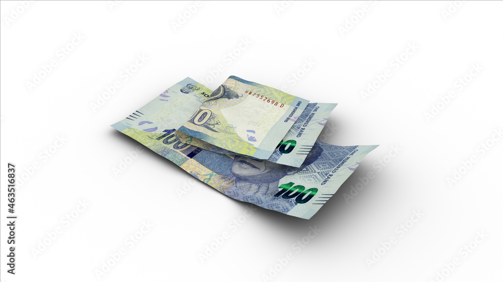 3D rendering of Double 100 South African rand notes with shadows on white background 3D rendering of Double 100 South African rand notes with shadows on white background