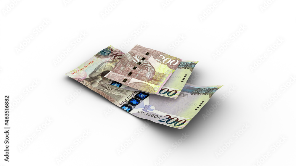 Fototapeta premium 3D rendering of Double 200 Botswanan Pula notes with shadows on white background