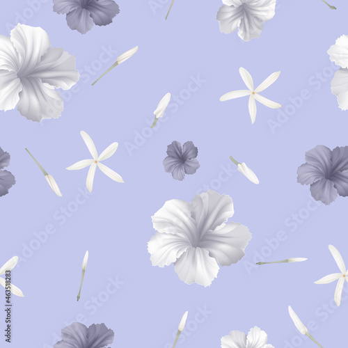 Floral seamless pattern, white and purple ruellia tuberosa flowers and on purple