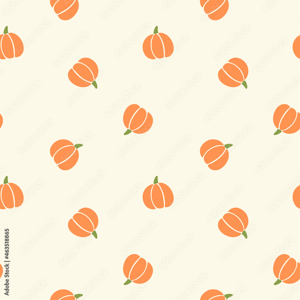 All over Halloween seamless vector repeat pattern with tossed orange and green pumpkin silhouettes on cream background. Simple and sophisticated 4 way harvest Thanksgiving backdrop