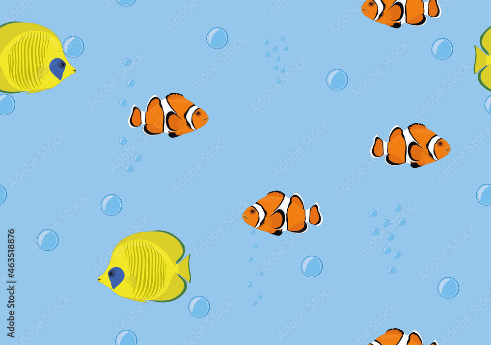 Seamless background tropical fish butterflyfish, clownfish in water vector illustration