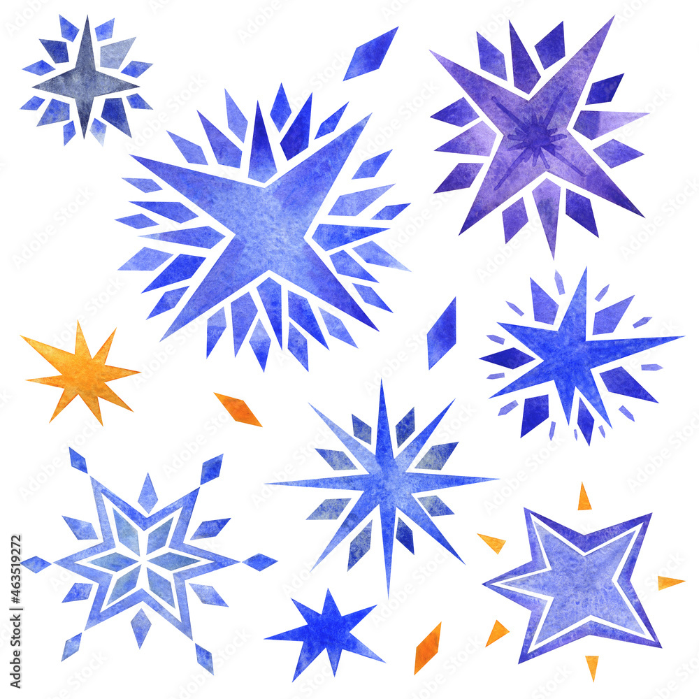 Watercolor blue star snowflake set of elements Watercolor blue star snowflake set of elements