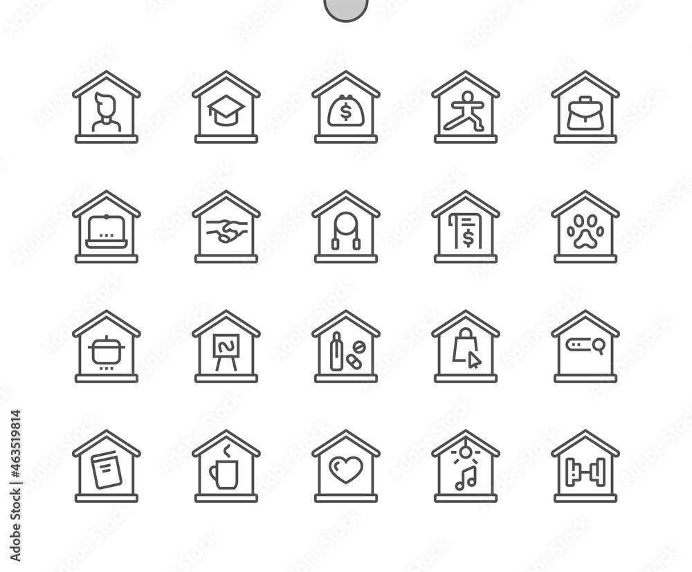 Be at home. Support of self isolation and staying at home. Distancing measures to prevent virus spread. Covid 19. Stay home. Pixel Perfect Vector Thin Line Icons. Simple Minimal Pictogram
