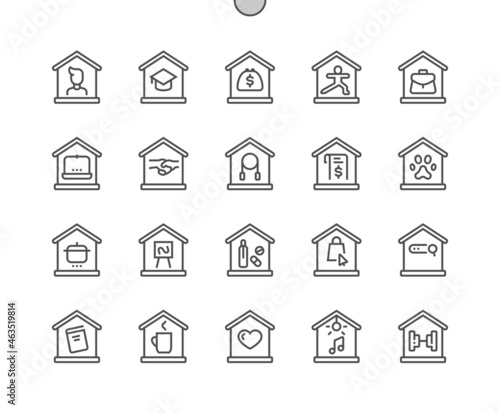 Be at home. Support of self isolation and staying at home. Distancing measures to prevent virus spread. Covid 19. Stay home. Pixel Perfect Vector Thin Line Icons. Simple Minimal Pictogram