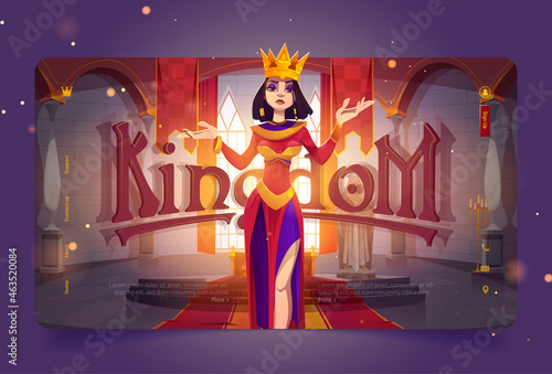 Kingdom banner with queen in medieval castle. Vector landing page with cartoon illustration of beautiful proud woman in gold crown and royal palace interior with king throne, red carpet and flags