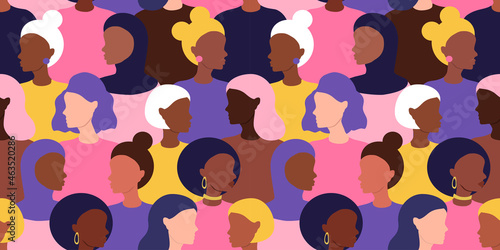 vector seamless pattern with women of different races and nationalities. variety, diversity. trend illustration in flat style
