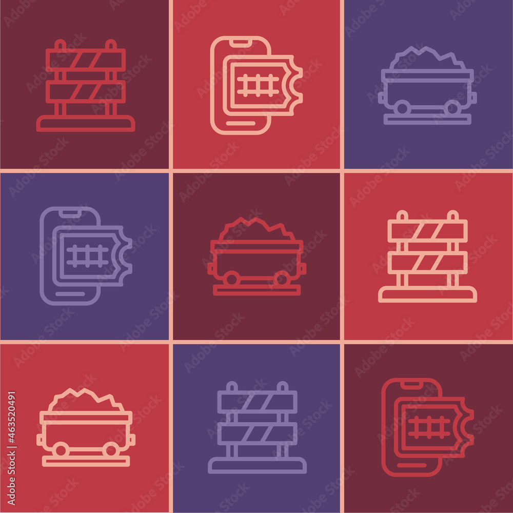 Set line End of railway tracks, Coal train wagon and Online ticket booking icon. Vector Set line End of railway tracks, Coal train wagon and Online ticket booking icon. Vector